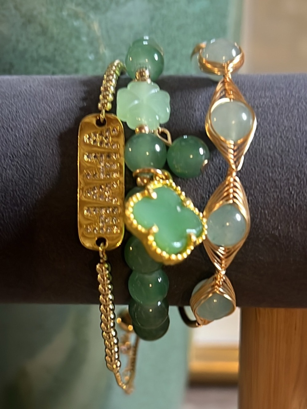 3PCS Set Gold and Green Aventurine Bead Bracelet with Clover Charm - Picture 5 of 7